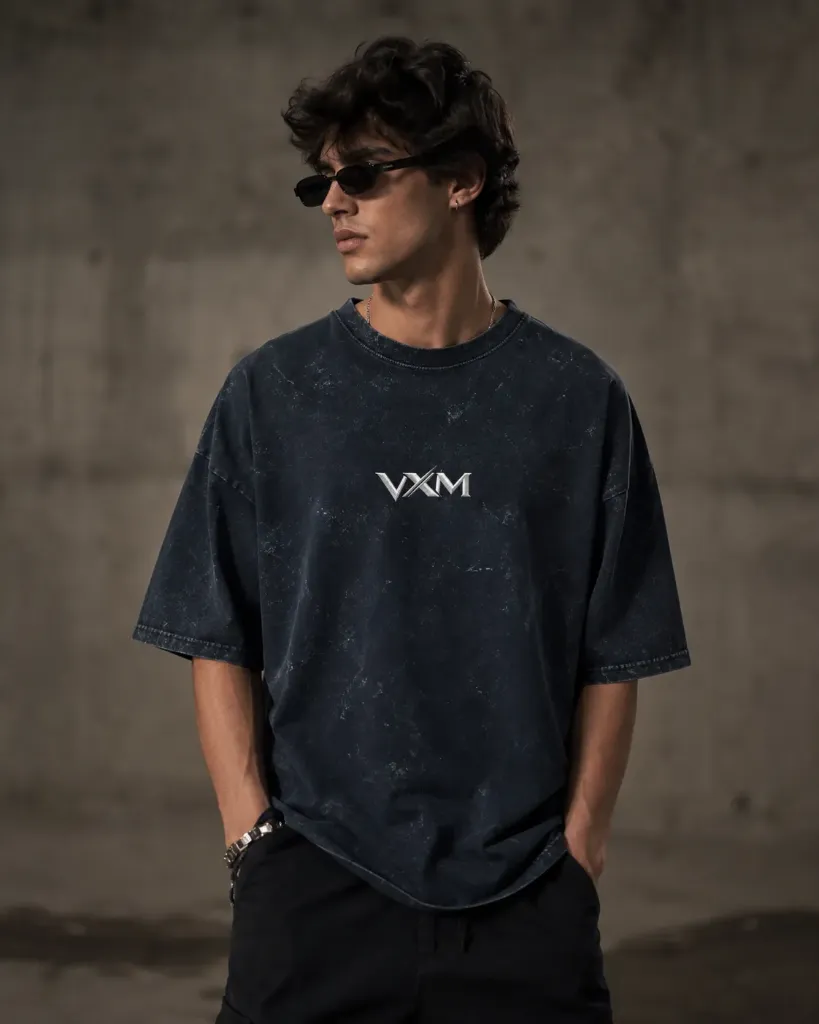 VXM Signature Unisex Acid Washed Oversized Tee (Navy Blue).