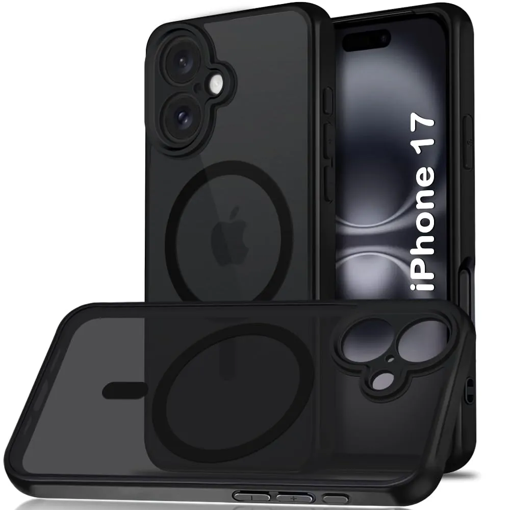 Shockproof Sleek Hybrid Armor Magnetic Back Cover Case Compatible with MagSafe Accessories for iPhone 17 ( PC + Black TPU Bumper)