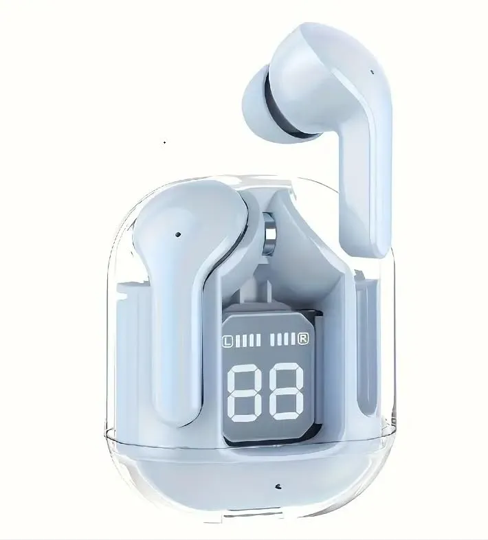 Generic Bluetooth Earbuds with Digital Battery Display, Transparent Charging Case, Deep Bass, 4H Backup, Wireless Headphones for Android & iOS Smartphones (Blue).