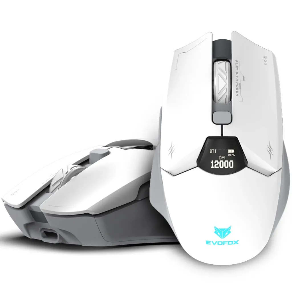 EvoFox Banshee 3-Tri-Mode Wireless Gaming Mouse (2X BT, 2.4G & Wired), PixArt 3311 Sensor, 1000Hz Polling Rate, 12,000 DPI, LCD Display, 6 Programmable Buttons, Software Support, Onboard Memory-White