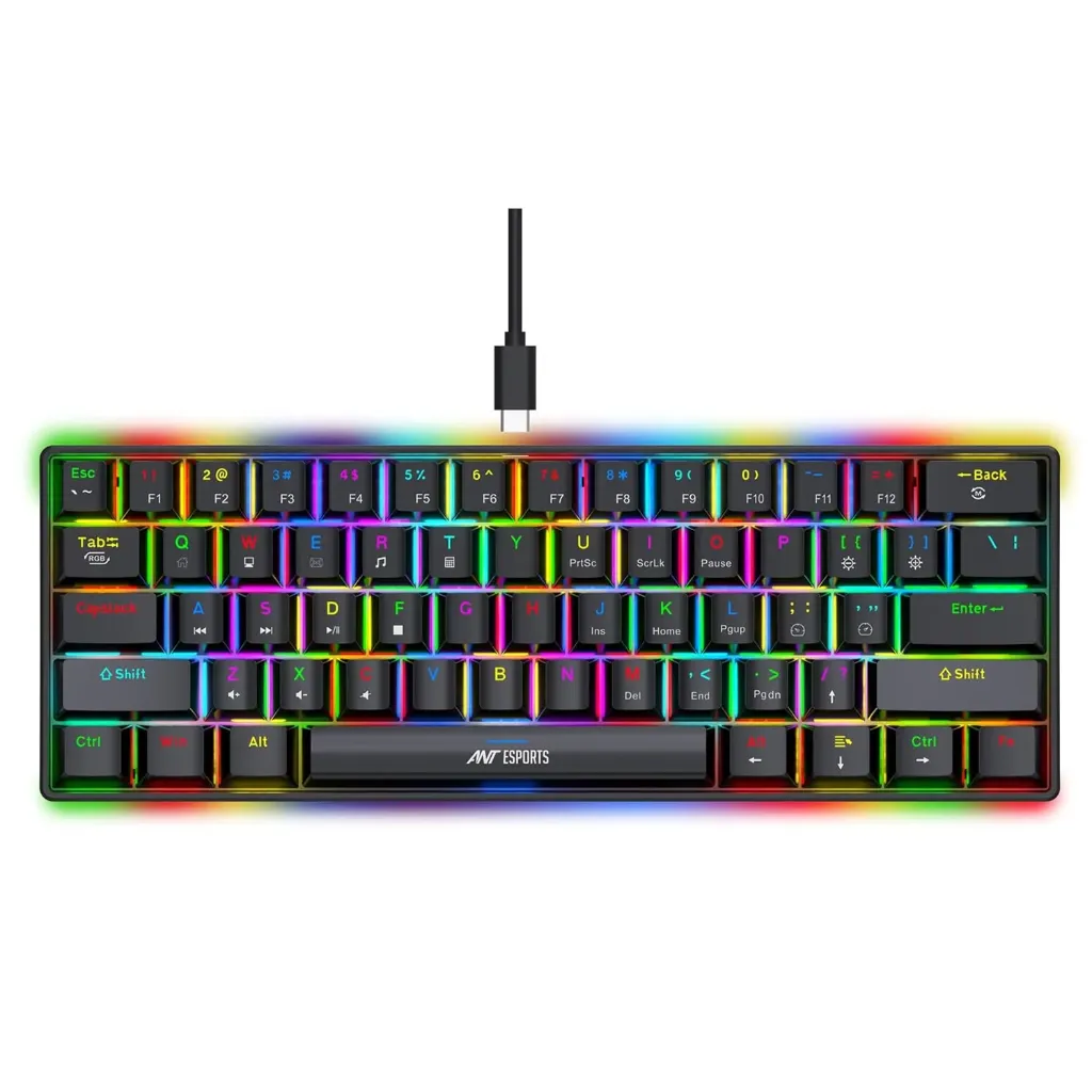 Ant Esports MK1300 V2 60% Wired Mechanical Gaming Keyboard, 61 Keys Compact Mini Software Controlled, RGB Backlit,Hot-Swappable Red Switches, Detachable USB-C, Anti-Ghosting, PC/Mac Compatible – Black